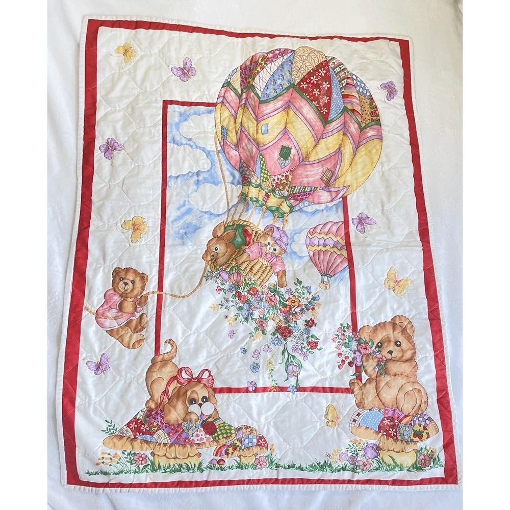 Vintage Baby Kids Two Sides Baloon Bears Quilt‎ Blanket Cover Whimsical Travel